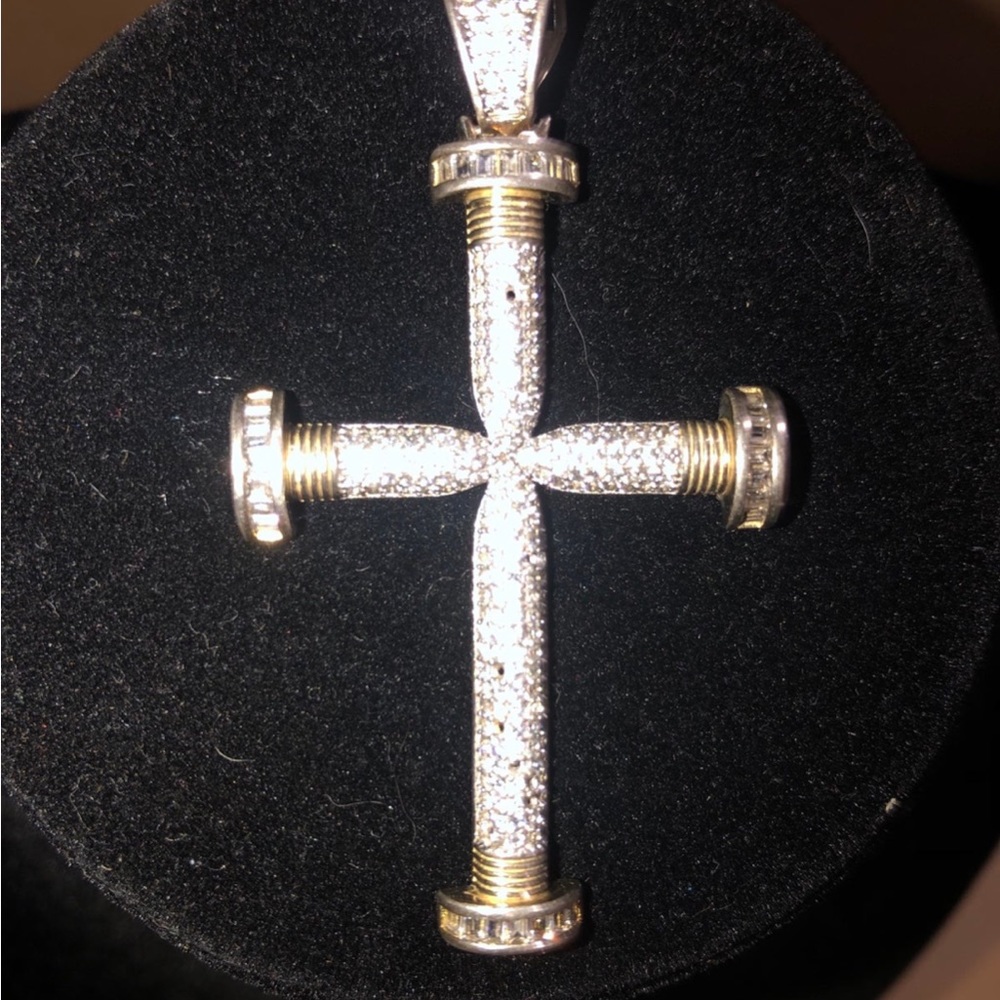 Sterling Silver & 14K Baguette sided cross pendant vintage - Picture 2 of 5